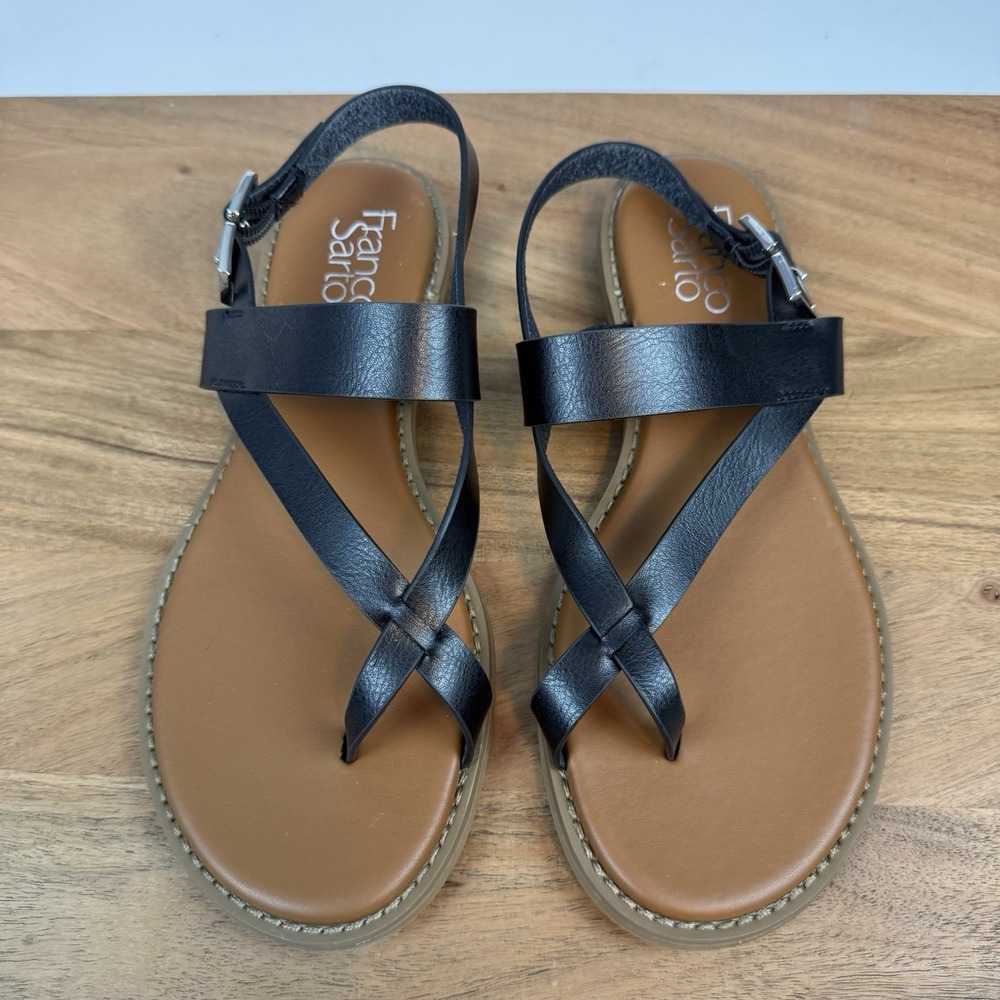 New Womens Franco Sarto Gabby Flat Toe Loop Black Sandals Shoes Size 7.5 M